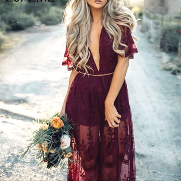 Lace Maxi Romper in Burgundy - Picture 7 of 7